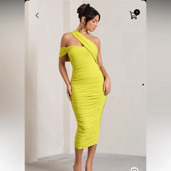 Club L London Dresses Lime Green Asymmetric One Shoulder